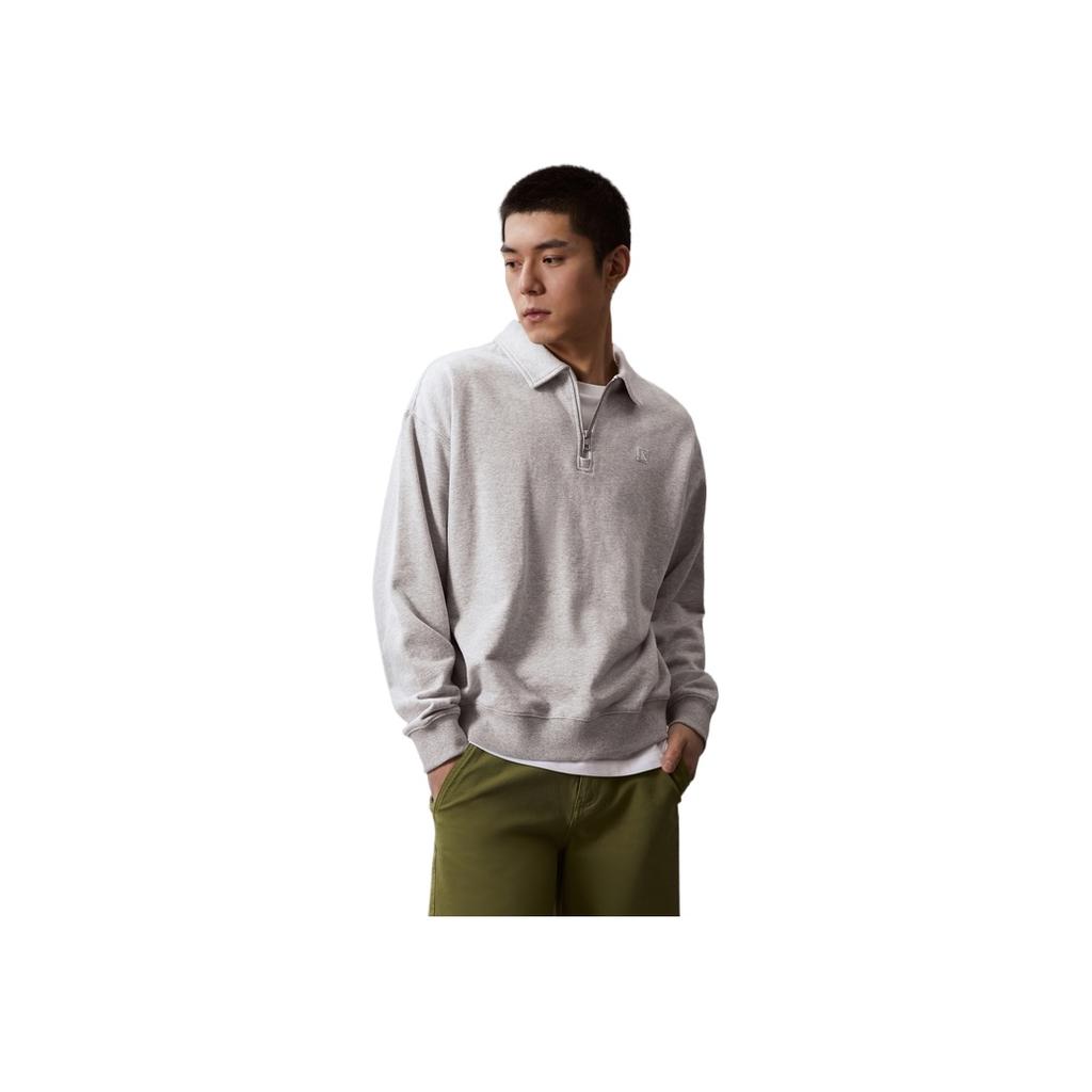 Calvin Klein Casual Embroidered Square Logo Polo Neck Pullover Long Sleeve Sweatshirt Men Sweatshirt Pearl-Gray J325051