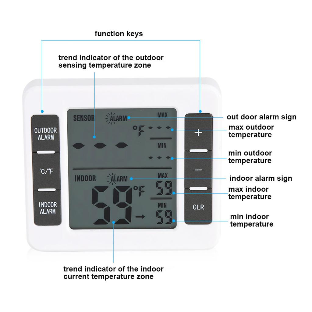 Refrigerator Thermometer with Alarm LCD Display Temperature Trend Indicator High and Low Records for Outdoor Indoor Temperature Sensor