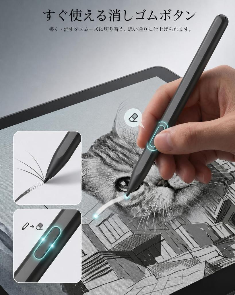 Magnetic EMR stylus pen with 4096 levels of pressure sensitivity, handwriting and drawing support, palm rejection, eraser function, 5 replacement nibs