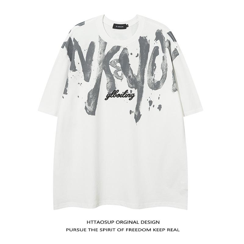 

American Heavyweight Cotton Men s Short-sleeve T-shirt, Plus Size, Summer Hip-hop Style, Eye-catching Streetwise Look with Large Letters 4XL білий