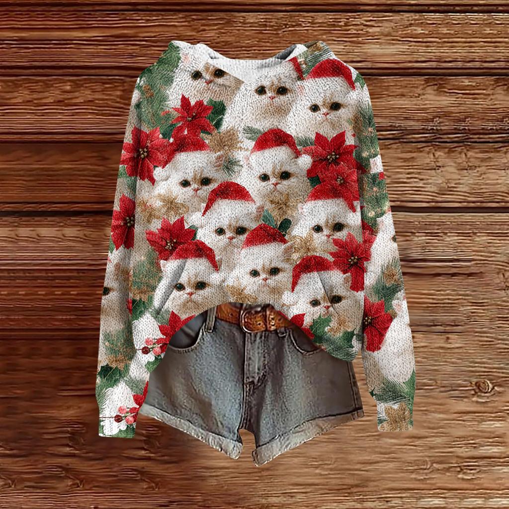 Women's Fashion Casual Long Sleeve Christmas Print Hooded Knitted Sweatshirt
