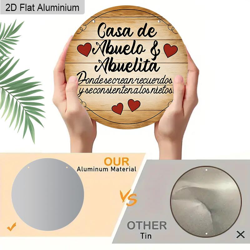 2D Flat Aluminum Round Metal Wall Art, Spanish Grandparents Home Decor, Rustic Wooden Texture Hanging Plaque for Front Door, Porch, Living Room, Gift