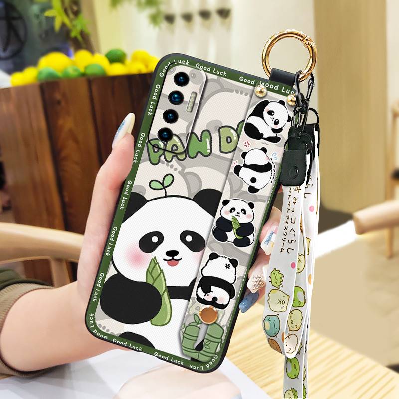 Fashion Design Cute Phone Case For Tecno Camon17P Phone Holder Cartoon Back Cover Shockproof Panda Silicone Ring Lanyard