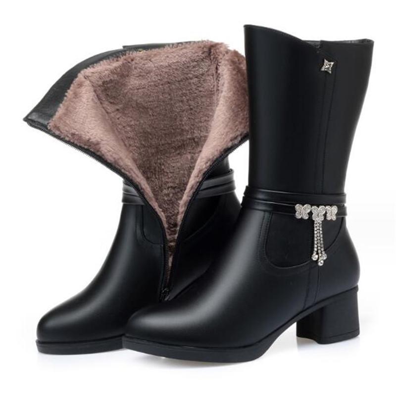 Women Leather Boots Genuine Leather Plush Boots Winter Warm Thick Heel Brand High-heeled Fashion Mid-Calf Snow Boots Women Shoe
