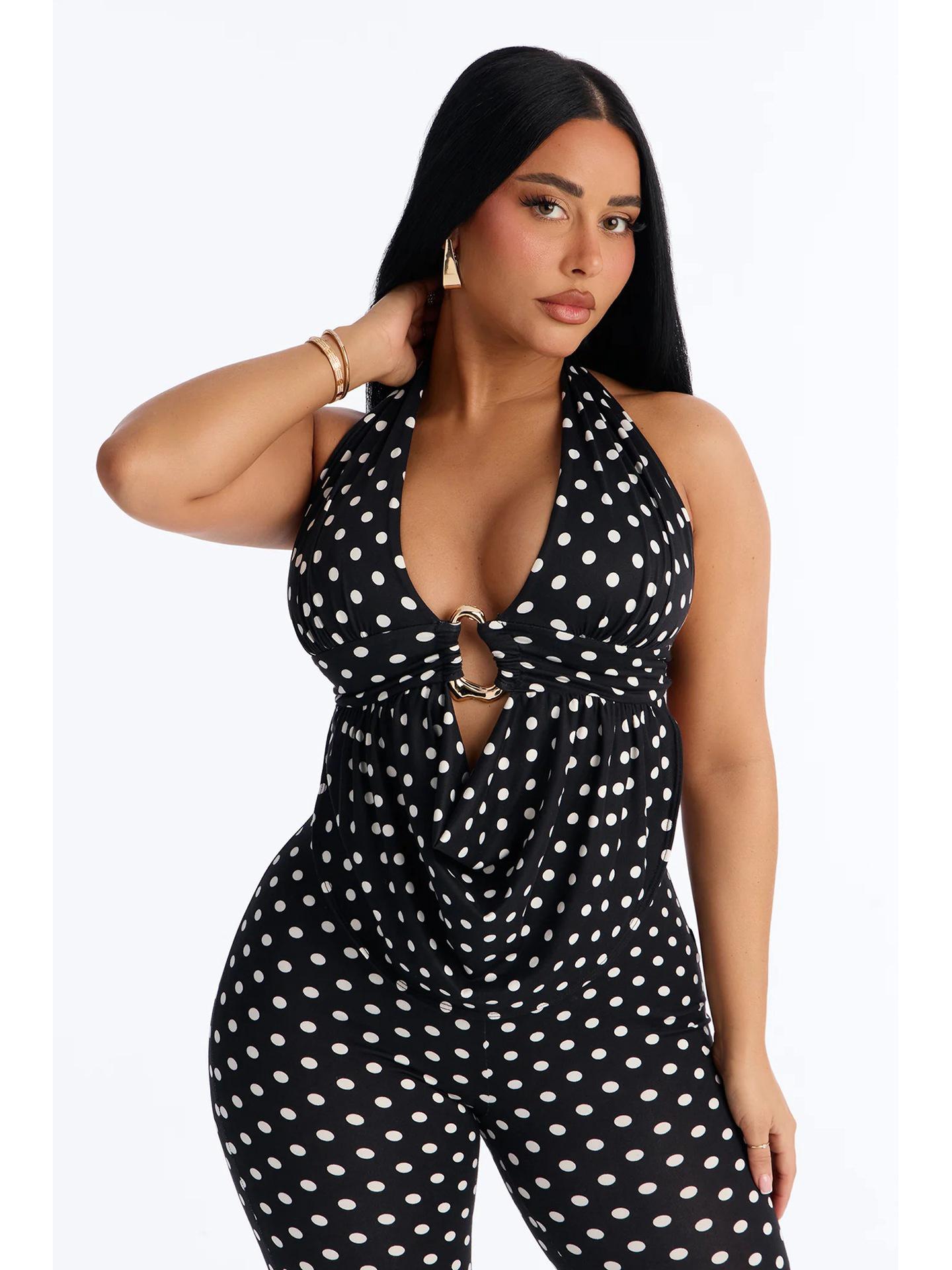 Polka Dot Tie-Up Halter Backless Top & Slim Pants Set for Women Small чёрный