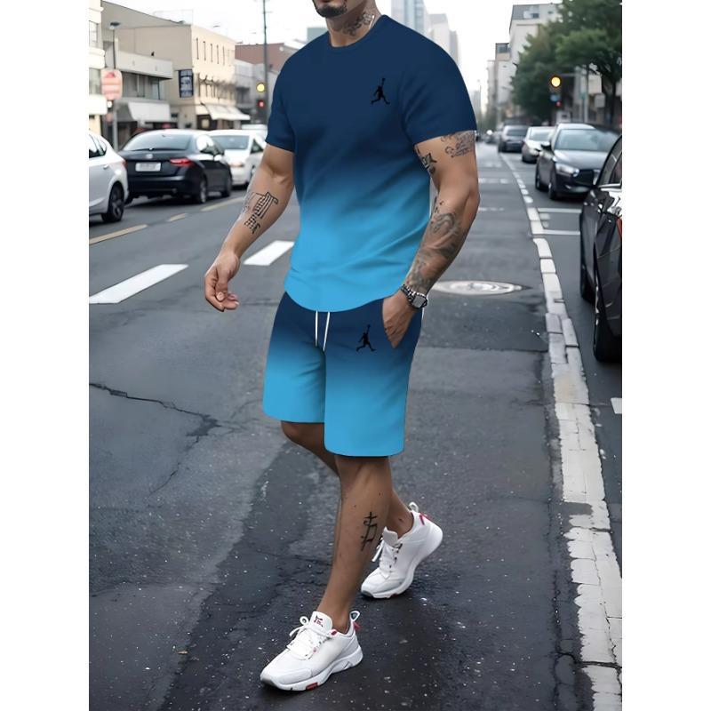 

2025 3D постепенное изменение печати мужской спортивный костюм фитнес бег повседневная футболка + шорты комплект дышащая беговая мужская одежда 6XL