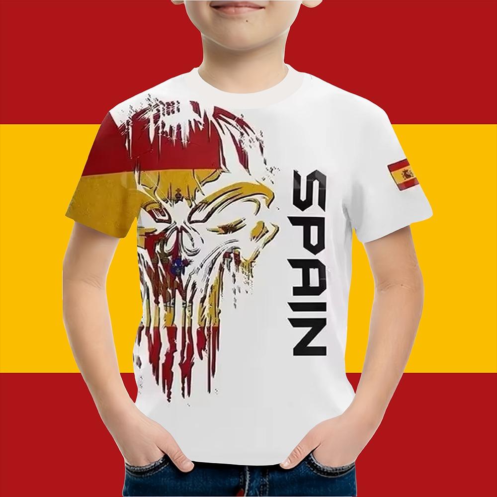 Boys Clothes Spanish Flag Graphic T-Shirt Vintage Casual Short Sleeved Kids Clothes 2-14Y Summer Outdoor Spanish Child Top Tee