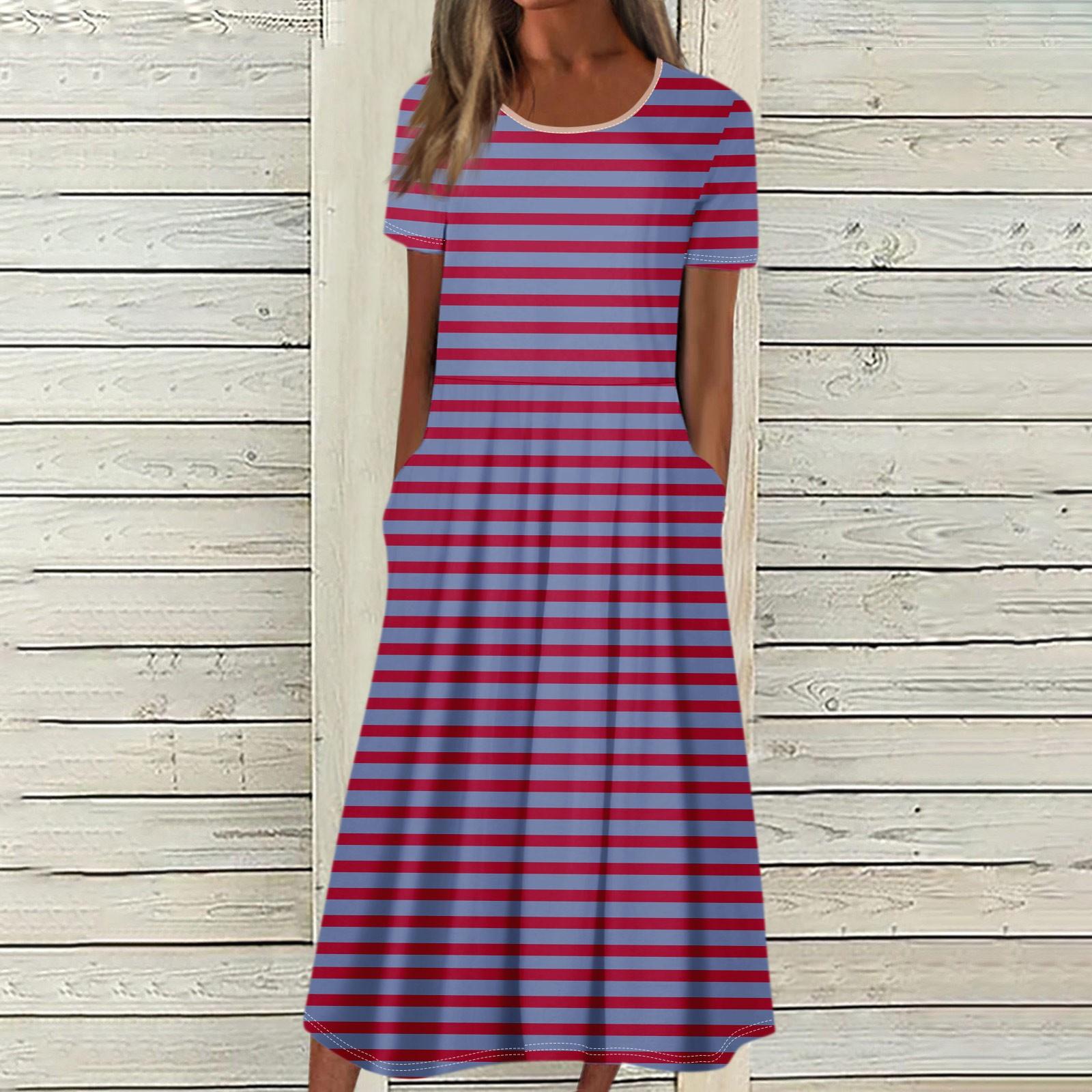 Женское летнее повседневное модное платье с коротким рукавом и карманом с круглым вырезом — фото 11