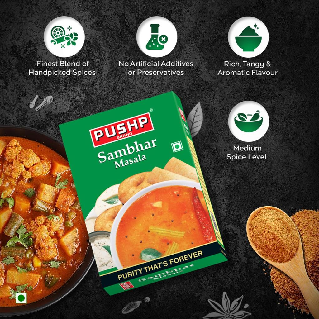 Pushp Sambhar Masala Powder 100g Pack Of 1 Traditional South Indian Spice Blend For Authentic Homemade Taste And Aroma