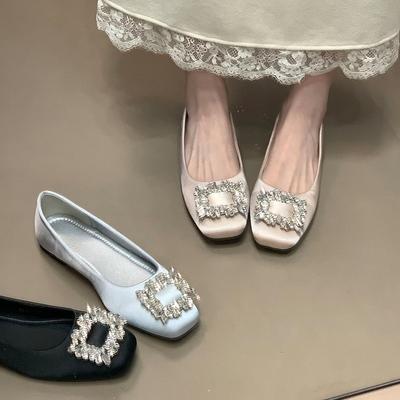 Satin Light Mouth Square Head Single Shoes Women's 2025 New Gentle Rhinestone Flats Commuter Evening Shoes