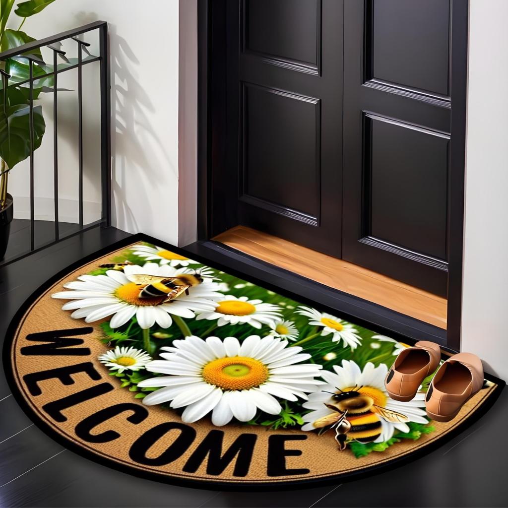 60*90 Charming Bee and Floral Welcome Mat - Non-slip, Durable Semi-circular Doormat for Farmhouse/patio/laundry/kitchen Decor - Stylish Home Decor