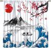 Japanese Cherry Blossom Curtains for Bedroom,Black White Asian Ink Mountain Lake Kanagawa Sea Flowers Red Plum Landscape Window