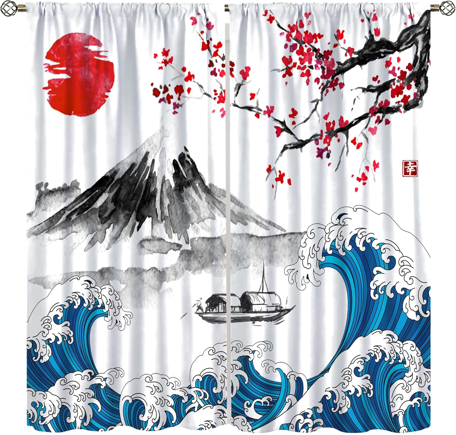 Japanese Cherry Blossom Curtains for Bedroom,Black White Asian Ink Mountain Lake Kanagawa Sea Flowers Red Plum Landscape Window 60×150cm