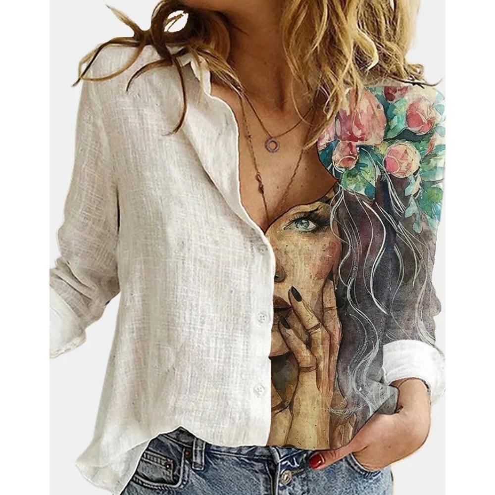 Fashion Stitching Retro Face Print Long Sleeve Blouse Women Lapel Button Casual Top Lady Shirts