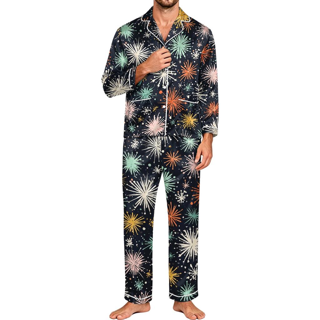 Men's Pajama Set Long Sleeve Button-Down Top and Pants Set for Home Sleepwear