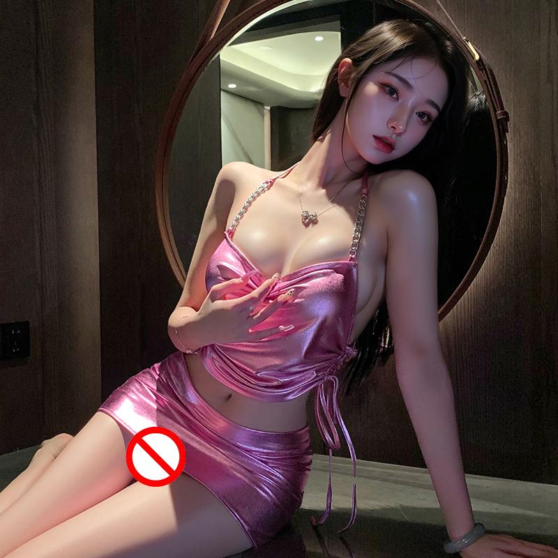 Sexy Lingerie Nightclub Uniform Temptation Passionate Patent Leather Chain Halter Top Bag Buttocks Skirt Women Cosplay Costume