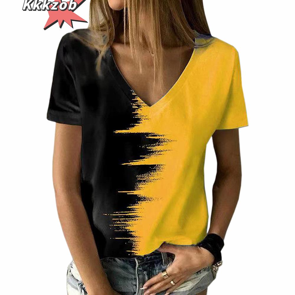 Women's T-Shirt Solid Color Gradient 3D Printing V-Neck Women's Tops Summer Women's Casual Fashion Loose Hundred Short-Sleeved