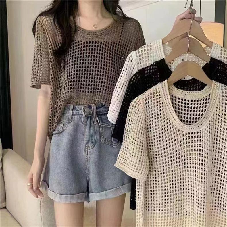 Women Short Sleeved Knit T-shirt Casual Beach Slim Tops O-Neck Hollow Out Knitting Shirt For Women Summer
