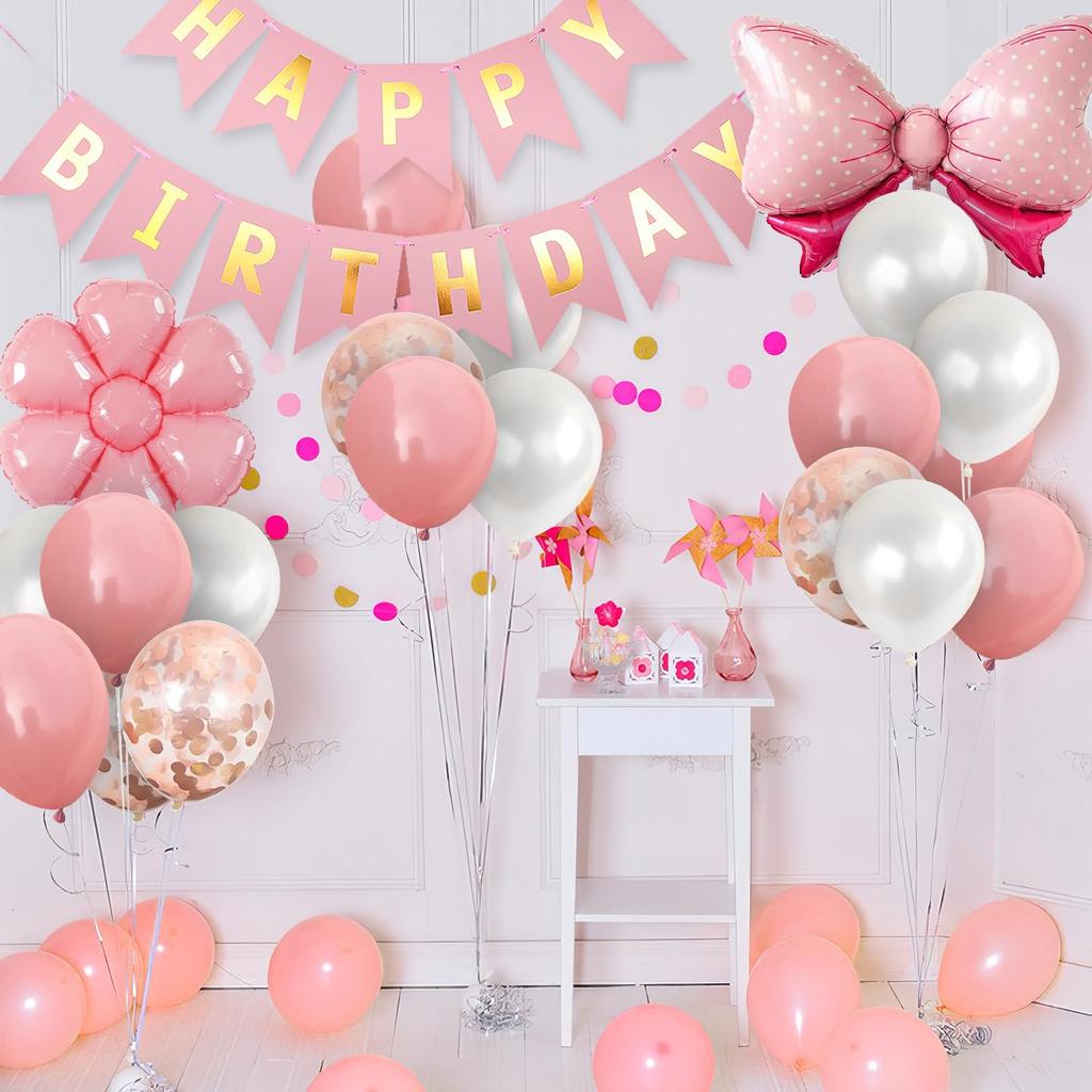Lausatek Happy Birthday Balloon Set with and Flower Perfect for Birthday and Cute Pink Garland, Bow, Decorations, Surprises, Anniversaries,
