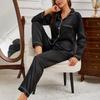 Women Satin Autumn Long Sleeve Buttons Lapel Top & Pants Sleepwear 2 Piece Button-Down  Set Cozy