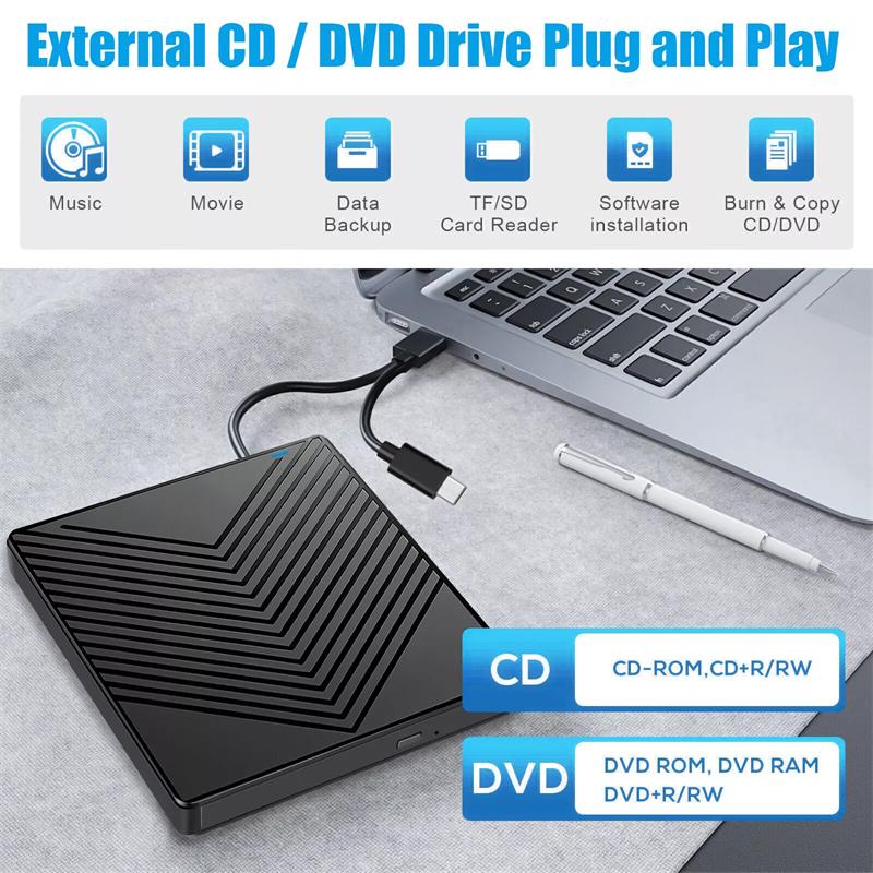 5-In-1 Usb 3.0 Type-C External Dvd Rw Cd Drive Burner Reader Player Optical Drive External For Pc Laptop Windows 11 10
