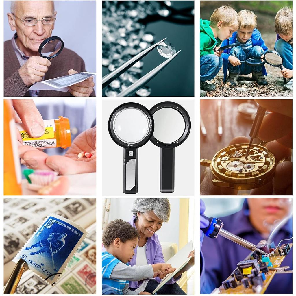 30X Handheld Magnifier with 6 Light, Jeweler Loupes Lighted Magnifying Glass-USB Rechargeable for Seniors Reading Coins Crafts Jewelry Hobbies