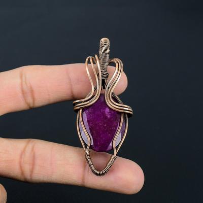 Amazing Kashmiri Red Ruby Gemstone Handmade Pure Copper Wire Wrap Jewelry Pendant