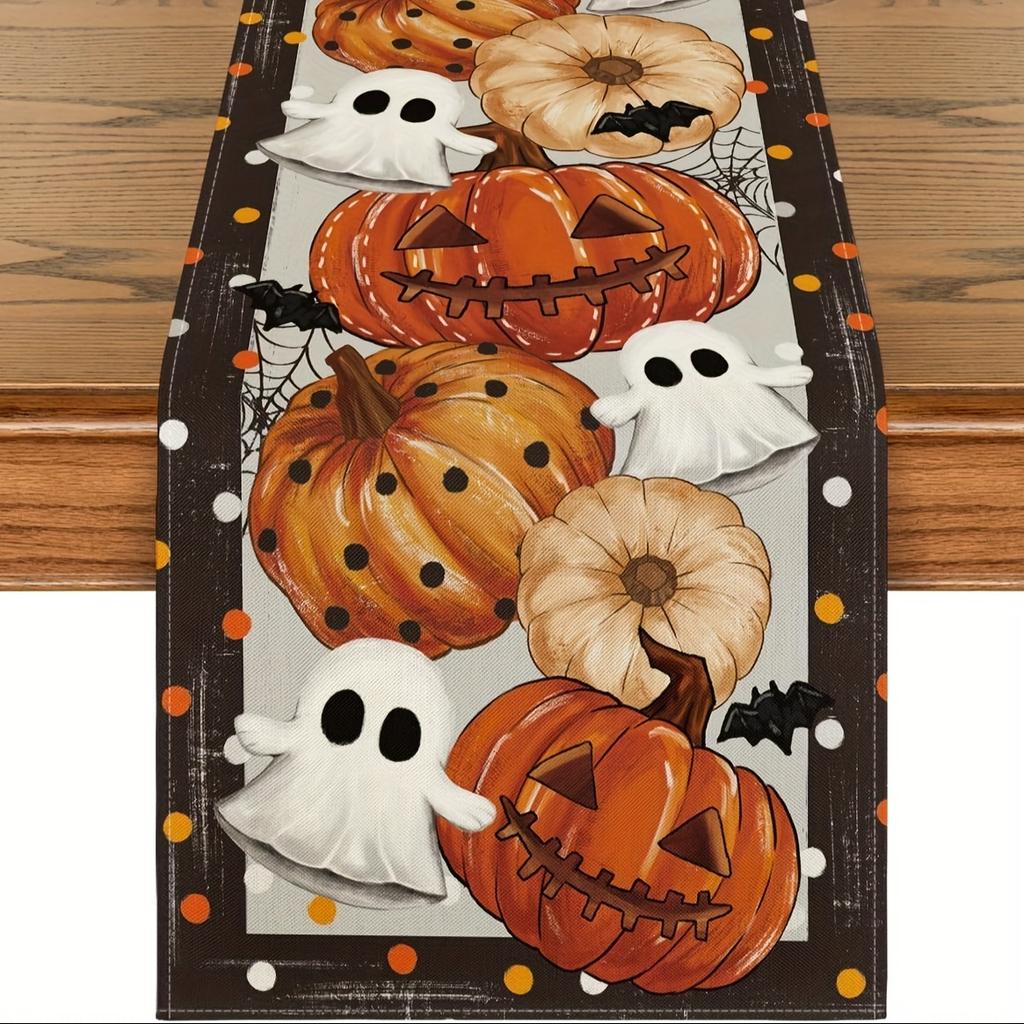 1pc Linen Polka Dot Pumpkin Ghost Table Runner, Halloween Farmhouse Indoor Kitchen Dining Decor, Home Party Tablecloth, Woven Cover, Rectangular Shape