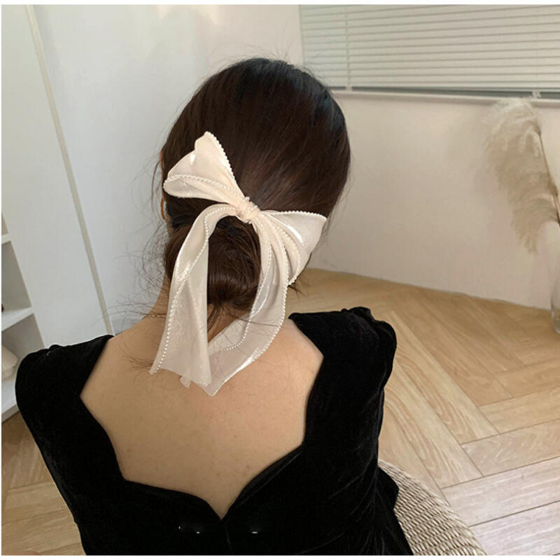 Frill chiffon hairpin, pearl hairpin, elegant automatic hairpin black