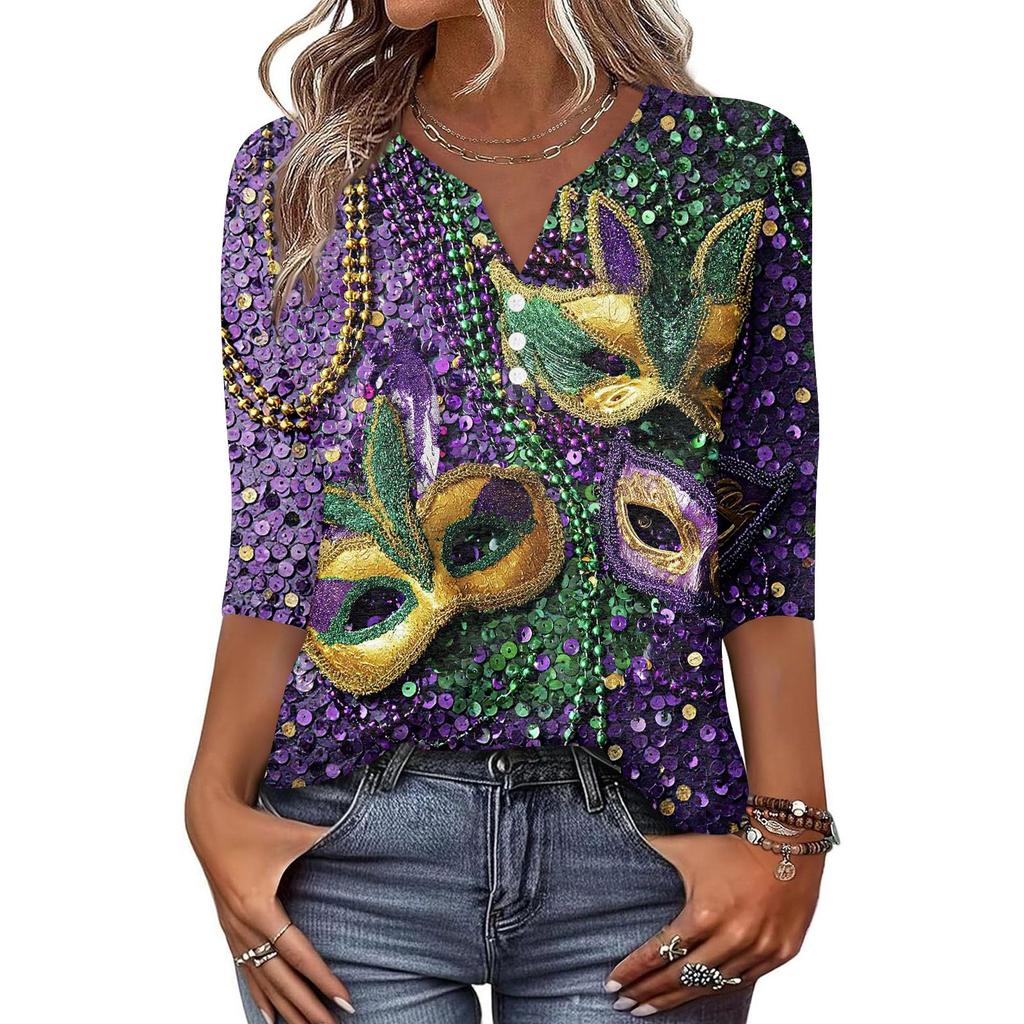 Women's T Shirt Print Button 3/4 Sleeve Daily Weekend Fashion Basic V- Neck Regular Top