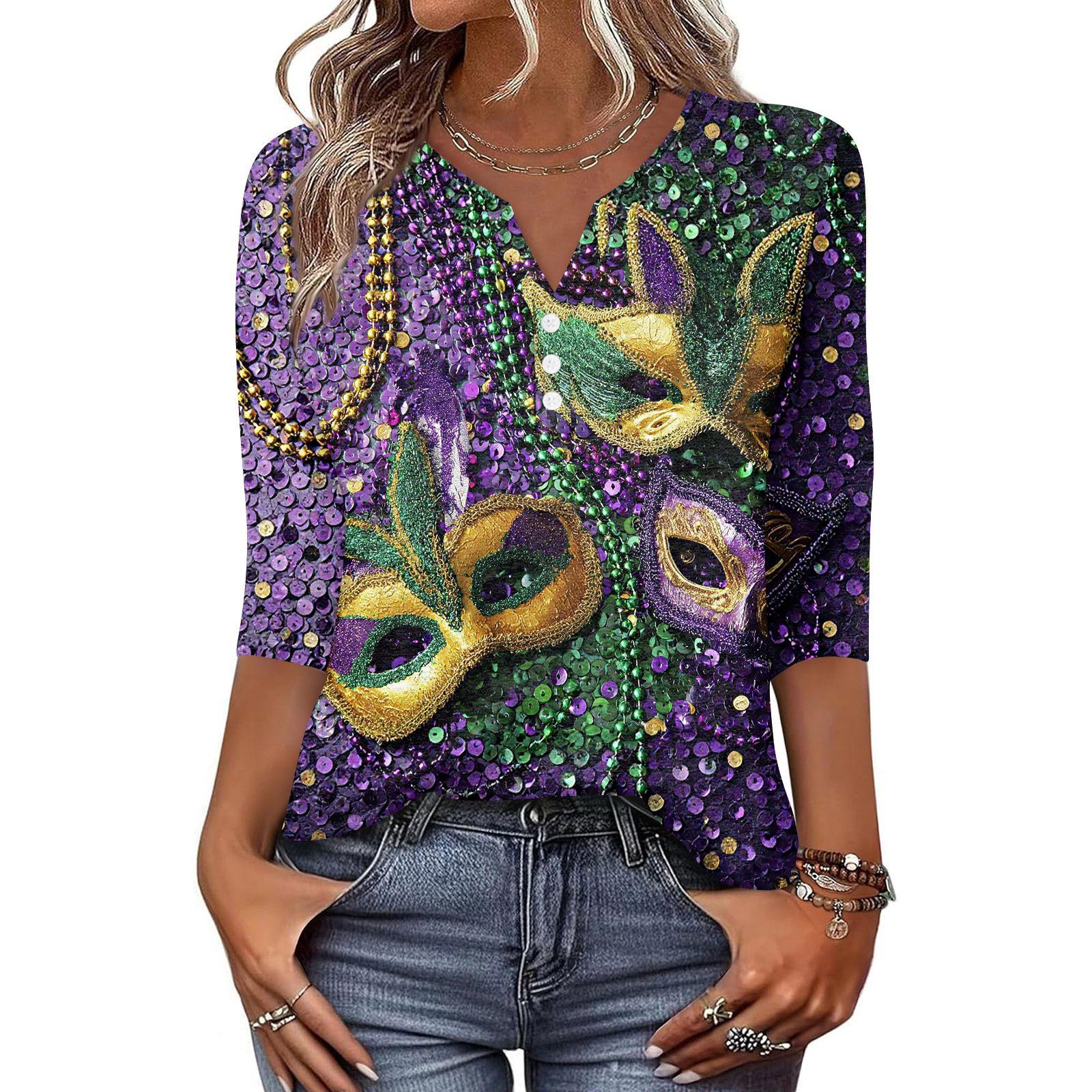 

Women s T Shirt Print Button 3/4 Sleeve Daily Weekend Fashion Basic V- Neck Regular Top L зелёный