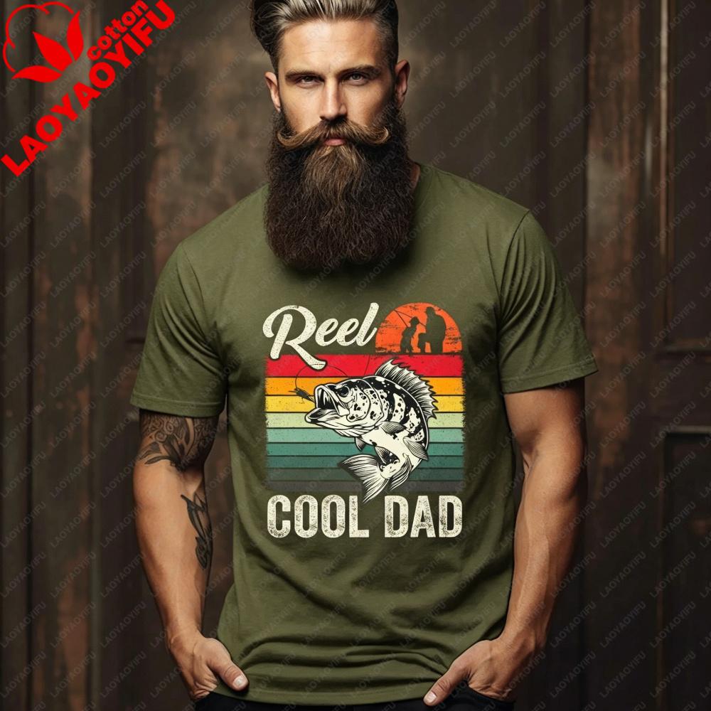 Retro Reel Cool Dad Fishing T-Shirt Vintage Sunset Stripes Bass Fish Print Shirtunisex Summer Casual Crewneck Cotton Short Sleeve