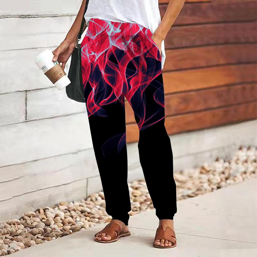 

Женские брюки с принтом огня, на шнуровке, с эластичной талией, свободные, повседневные длинные брюки, брюки с карманами 8XL красный