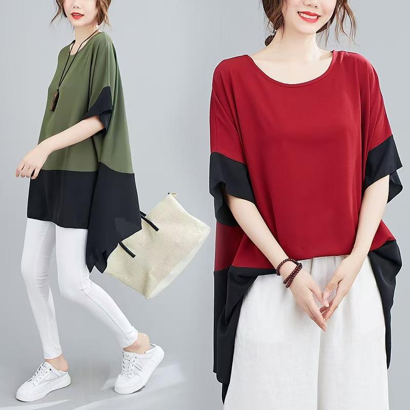 Women's Plus Size Color Block Irregular Hem T Shirt Loose Batwing Short Sleeve Round Neck Summer Casual Blouse