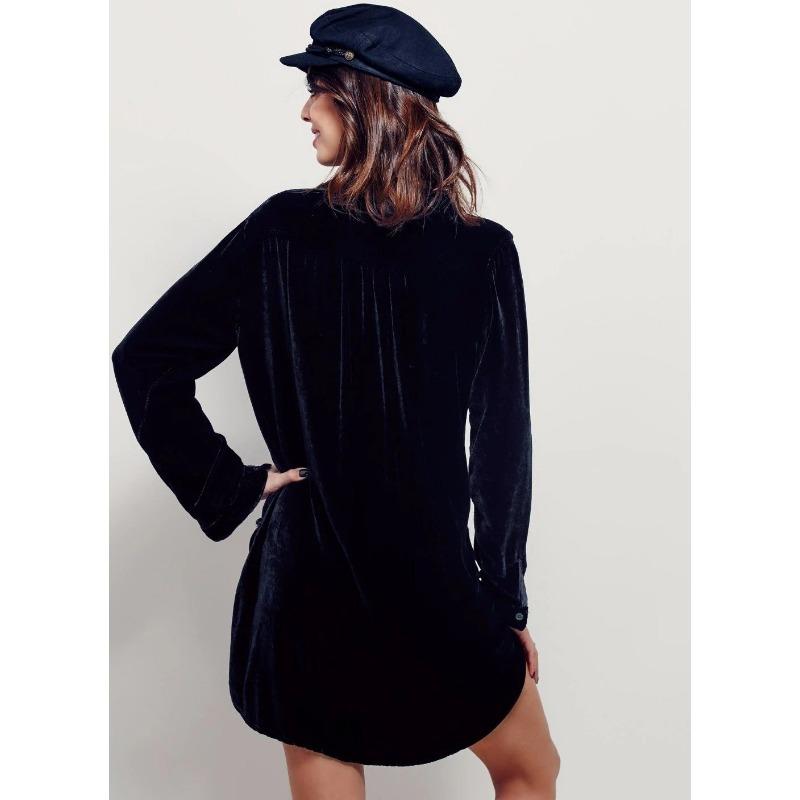 Jesienne Damskie Sukienki Mini z Dekoltem V Zapinane na Guziki Luźne z Długim Rękawem Sukienka Koszulowa ze Złotego Weluru