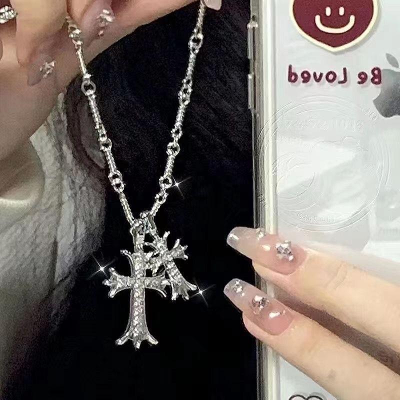 Dark Zircon Cross Beaded Necklace for Women, Long Summer Style Neck Chain, Trendy and Versatile Collar Chain, Instagram Style