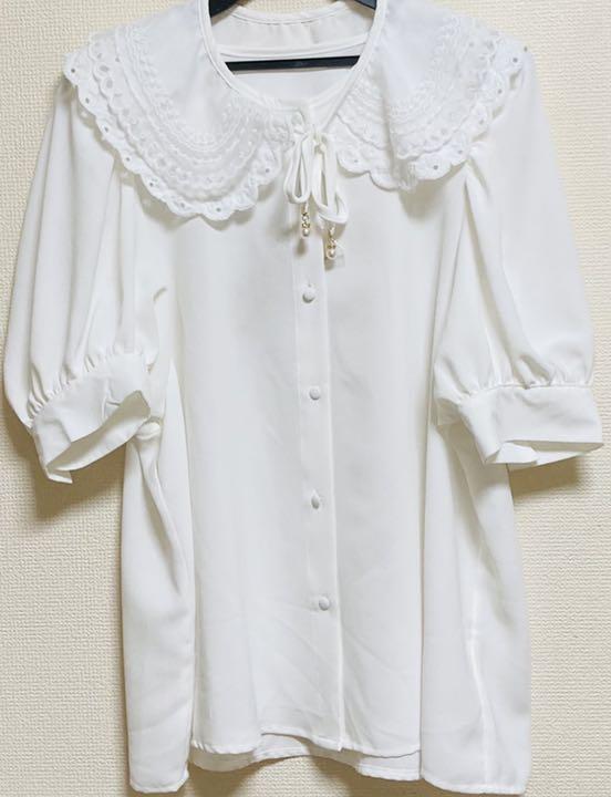 

[USED] Blouse, short sleeve top, white, white shirt, lace ribbon, detachable collar, mass-produced, dreamy, dreamy outlook, landmine