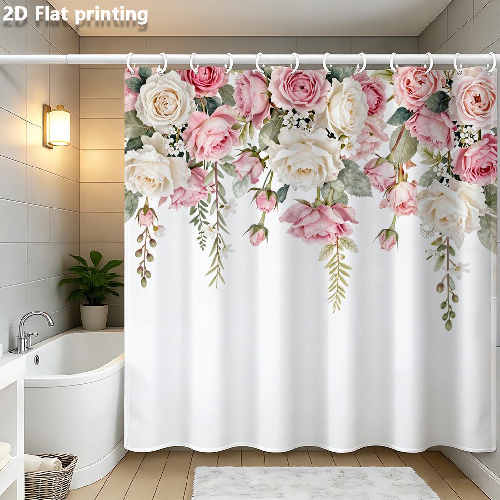 

Pink & White Rose Floral Shower Curtain 1Pc Polyester 2D Flat Print 70.8X70.8 Watercolor Roses With Greenery On Cream Base W60H190(CM)-1 Pcs
