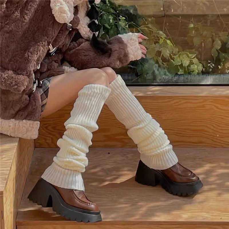Japanese Style Solid Knit Thick Mid Calf Leg Warmers Women JK Uniform Y2K Stacked Socks Layered Leggings