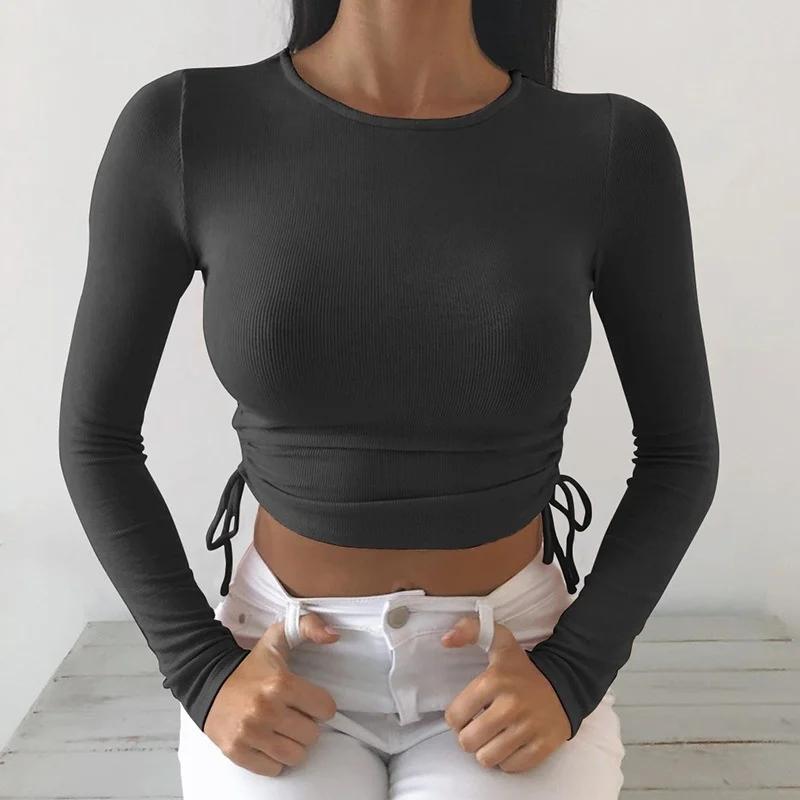Women Crop Top Irregular Slim Fit Side Drawstring Long Sleeved T-shirt