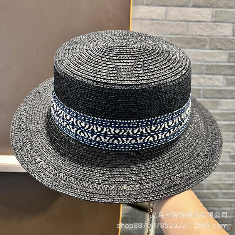 Ethnic style straw hat women's summer fashion retro travel beach seaside vacation style straw woven Panama flat hat