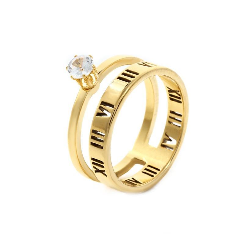 Stainless Steel Jewelry Cut Hollow Roman Numeral Inlaid Diamond Ring High-End Titanium Steel Ring Three-Piece Set