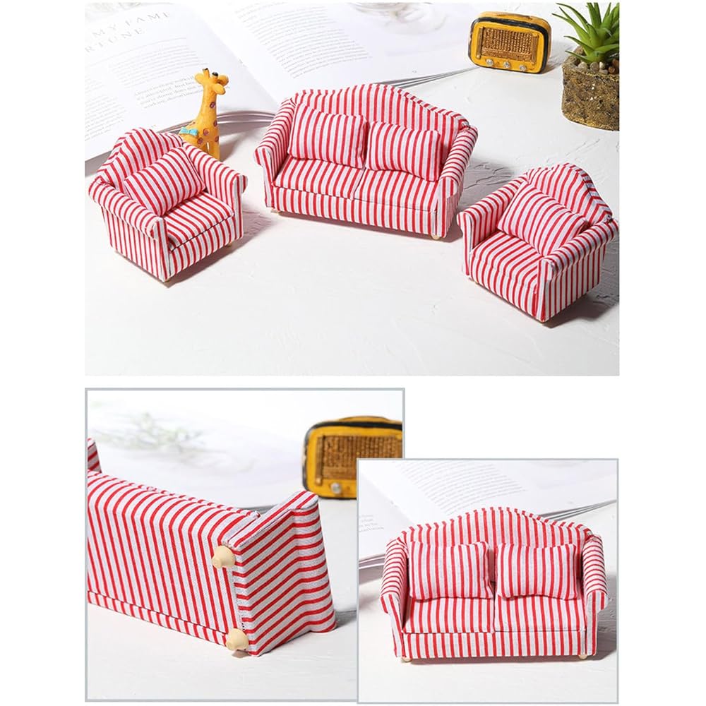 Moin Moin Miniature Furniture Sofa Set 1/12 Scale 3 Pieces White Red Striped Fabric Dollhouse