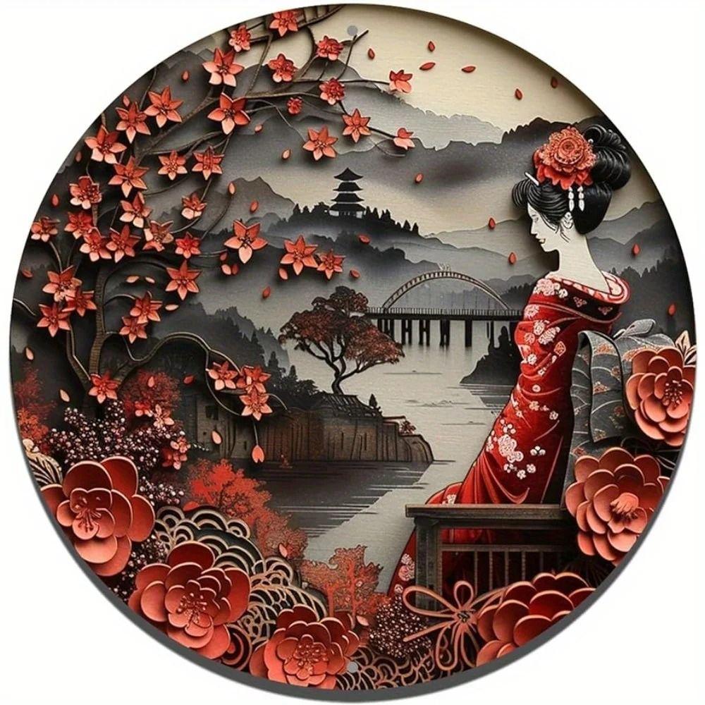 Metal Wall Art Tin Sign Japanese Kimono Round 2D Art Design 20cm