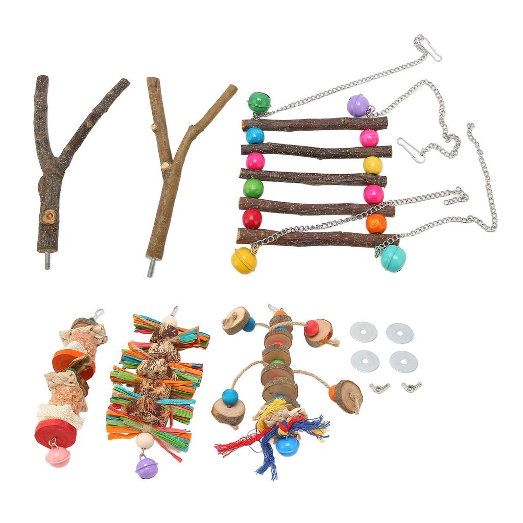 6 buc Jucării de mestecat pentru papagali, leagăn amuzant, colorat, bușteni naturali, frunze de porumb, știulete de porumb, nuci, pasăre, papagal