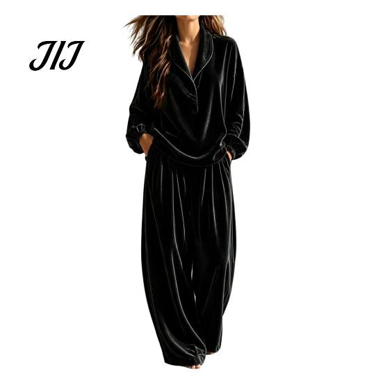Autumn Winter Home Wear Women Velvet Top Pants Set for Fall Winter, Casual Lapel Collar Lounging Apparel & Wide Leg Trousers with Pockets, Loose