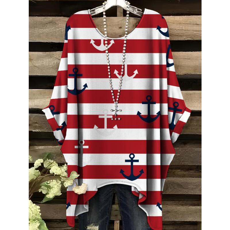 Printed fashionable short-sleeved large size anchor pattern printed swallowtail crew neck T-shirt, accessories not included. 2XL
