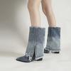 Pleated Block Heels Denim Boots for Women  Autumn Pointed Toe Women Fashion Sexy Cowboy Woman Denim Pointed Toe Chunky Boots