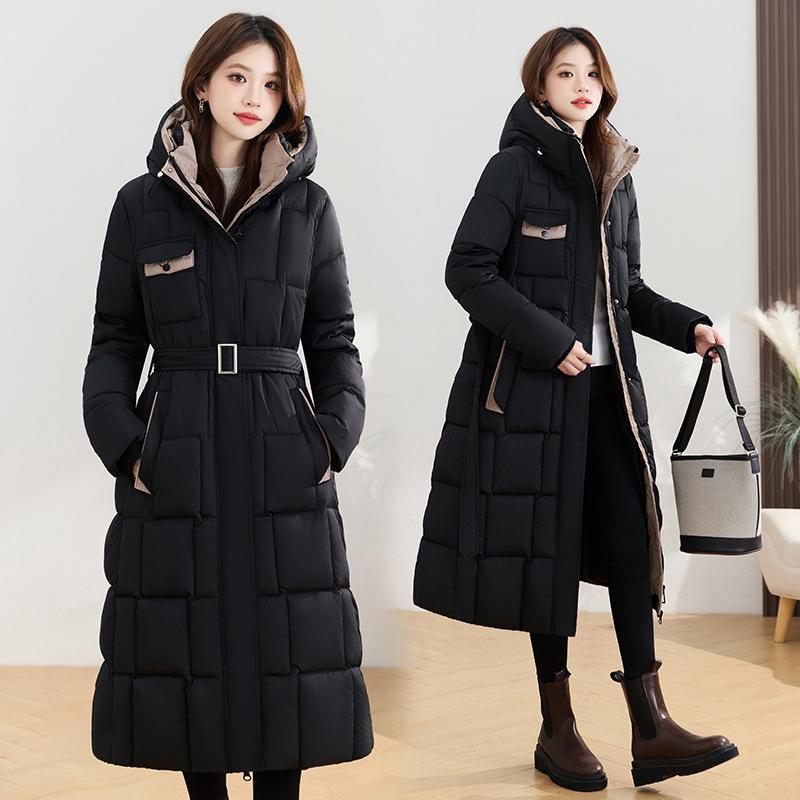 Winter foreign fashion long knee thickened cotton-padded jacket women's waist thin cotton-padded jacket