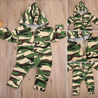 Baby Boys Girls Cotton Long Sleeve Camouflage Print Hooded Romper Jumpsuit Playsuit